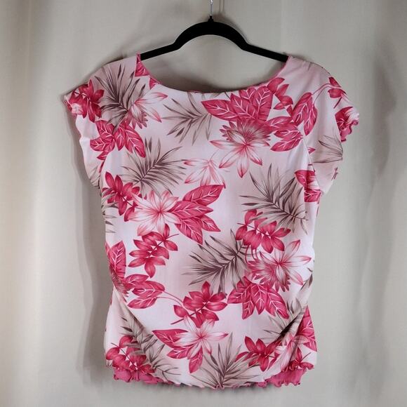 Jamaica Bay Vintage Y2K Petite Pink Floral Ruffle Short Sleeve Coastal Blouse - Picture 2 of 8